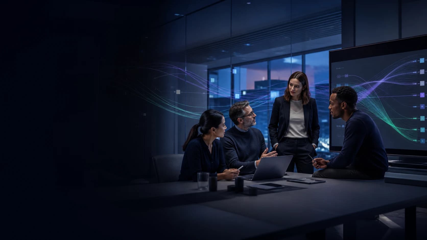 A business team making decisions together while AI agent workflows run around them