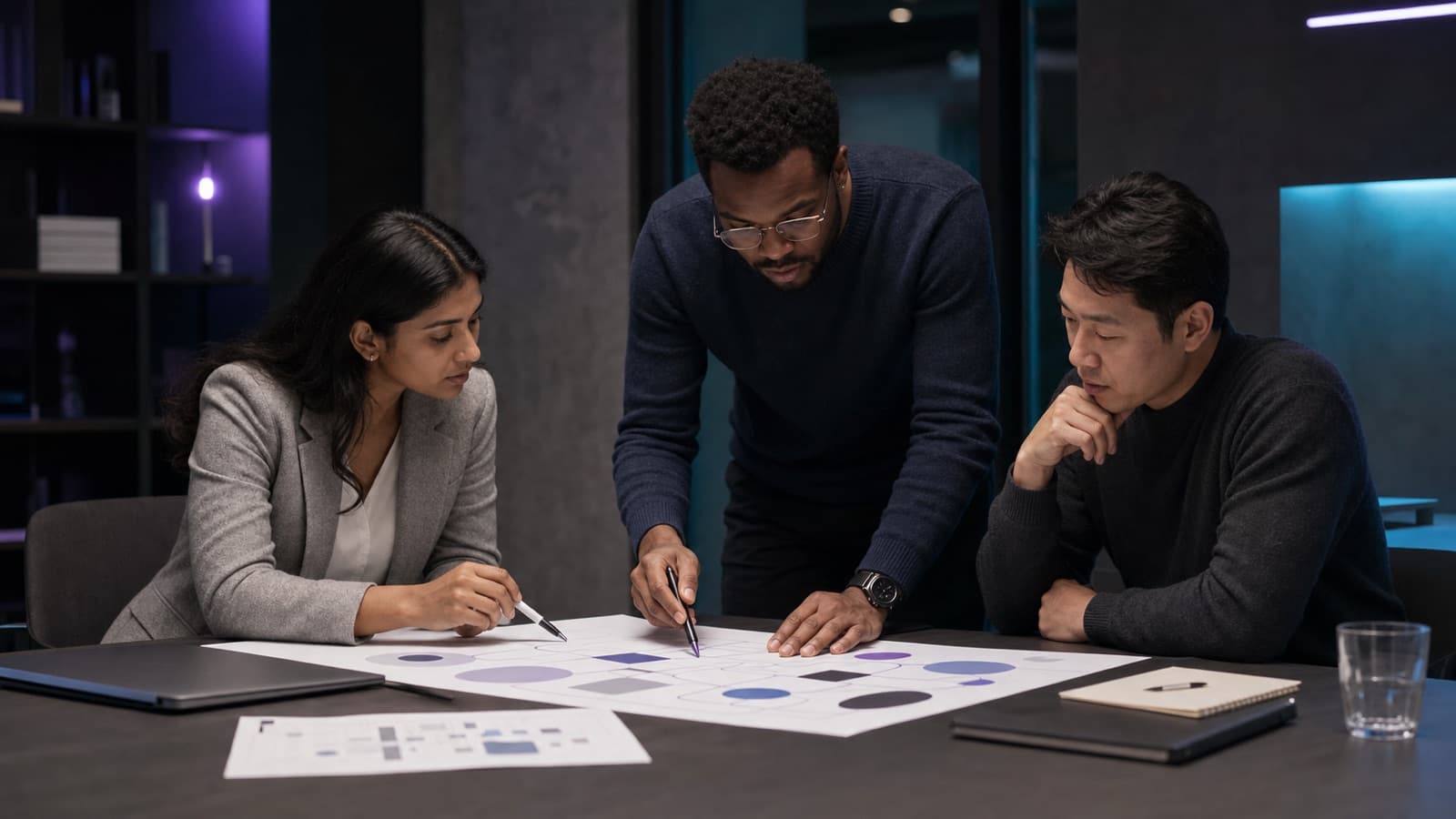 Illustrative professional services scene of three consultants reviewing an abstract process map